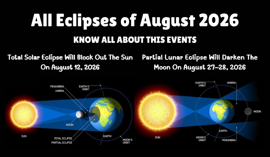 All Eclipses of August 2026- Total Solar Eclipse and Partial Lunar Eclipse