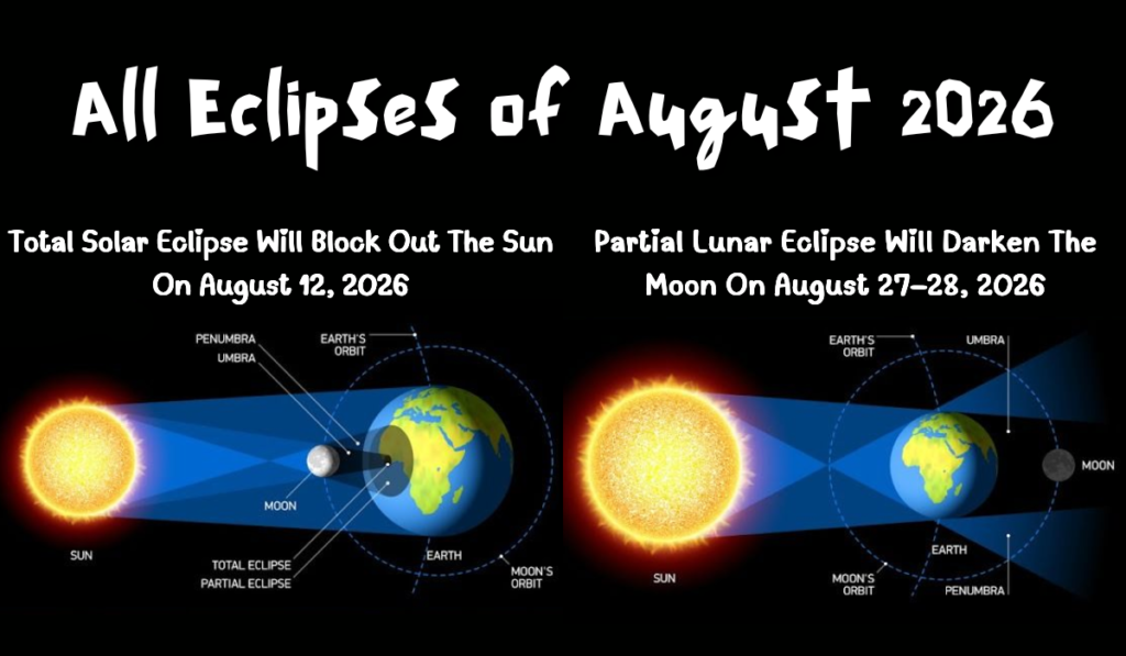 All Eclipses of August 2026- Total Solar Eclipse and Partial Lunar Eclipse